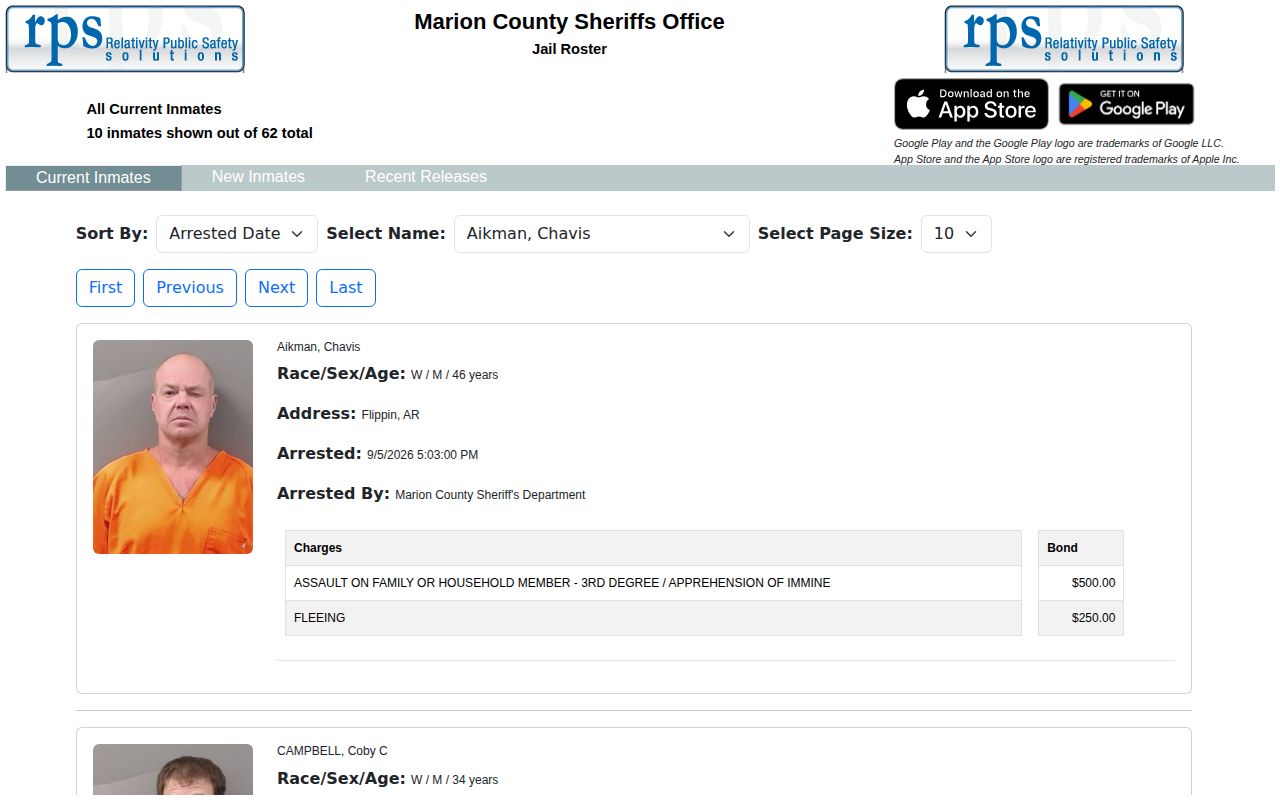 Marion County current inmate roster interface with custody record controls