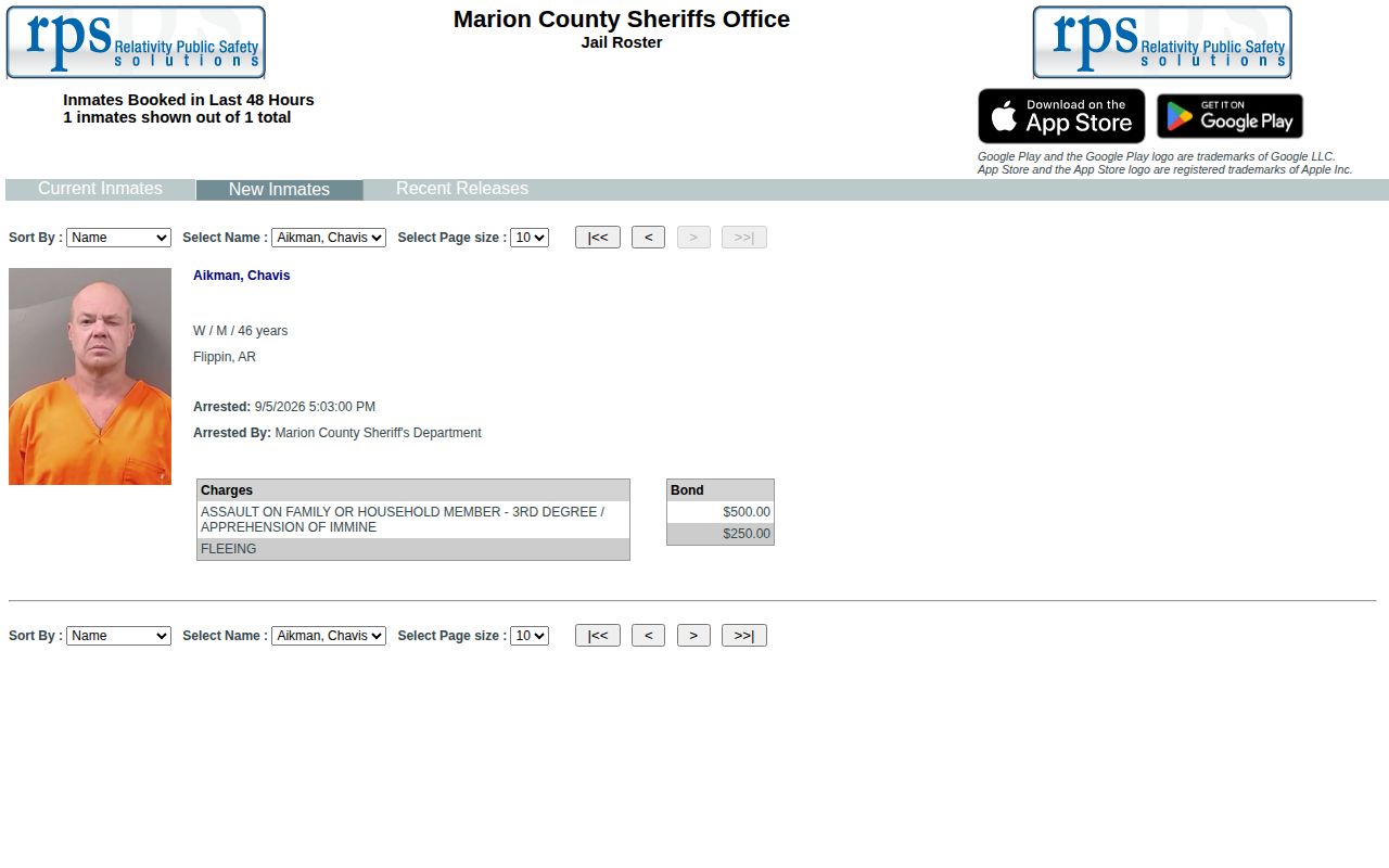 Marion County RPS New Inmates page for bookings in the last 48 hours