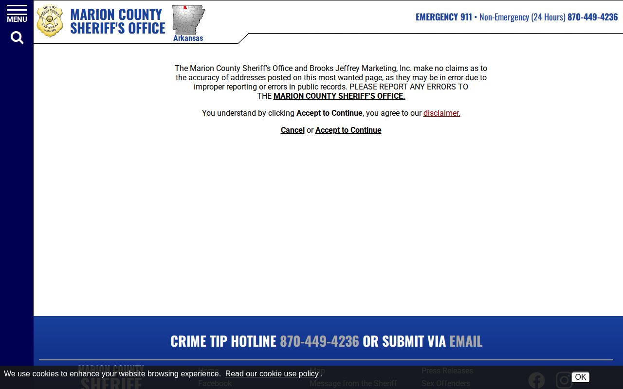 Marion County Sheriff official most-wanted disclaimer page