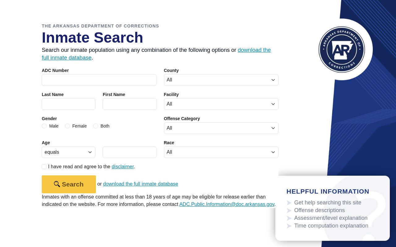 Arkansas Division of Correction offender profile interface example