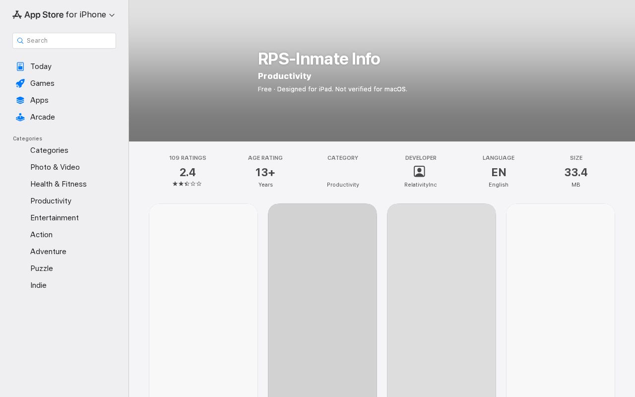 Apple App Store listing for the generic RPS Inmate Info app
